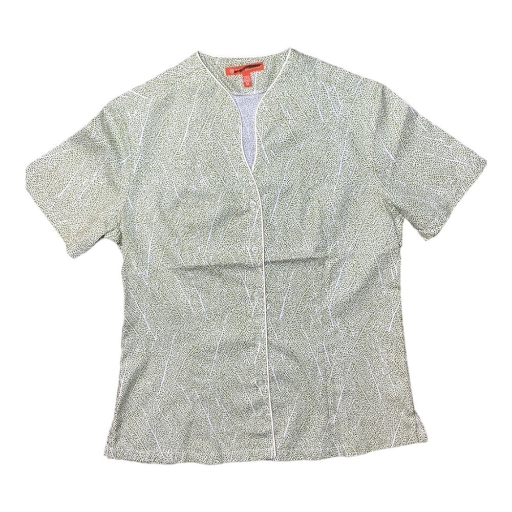 Tori Richard Women’s Green Leaf Print Open Neck Oriental Short Sleeve Shirt NWOT